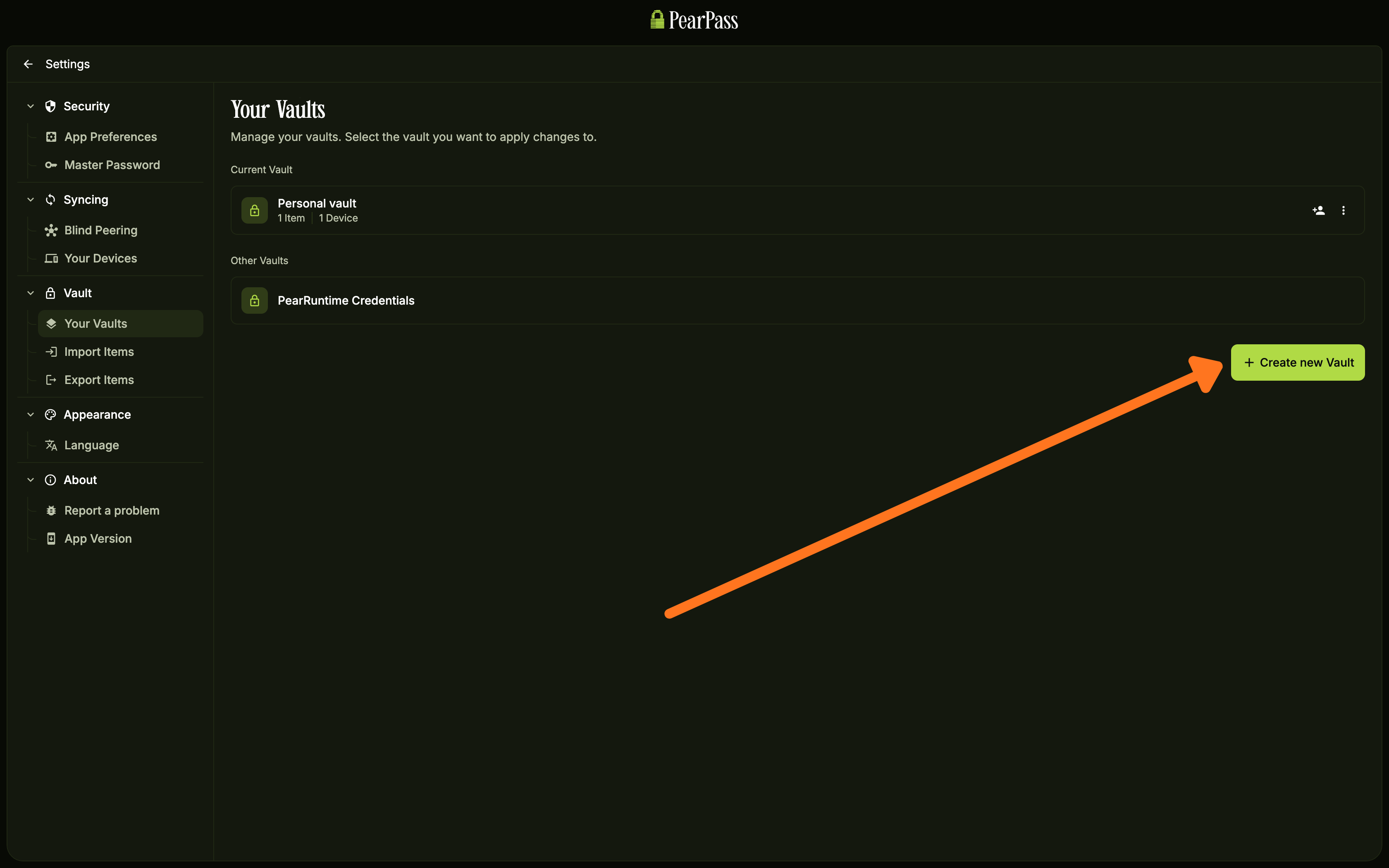 Your Vaults screen with the Create new Vault button highlighted