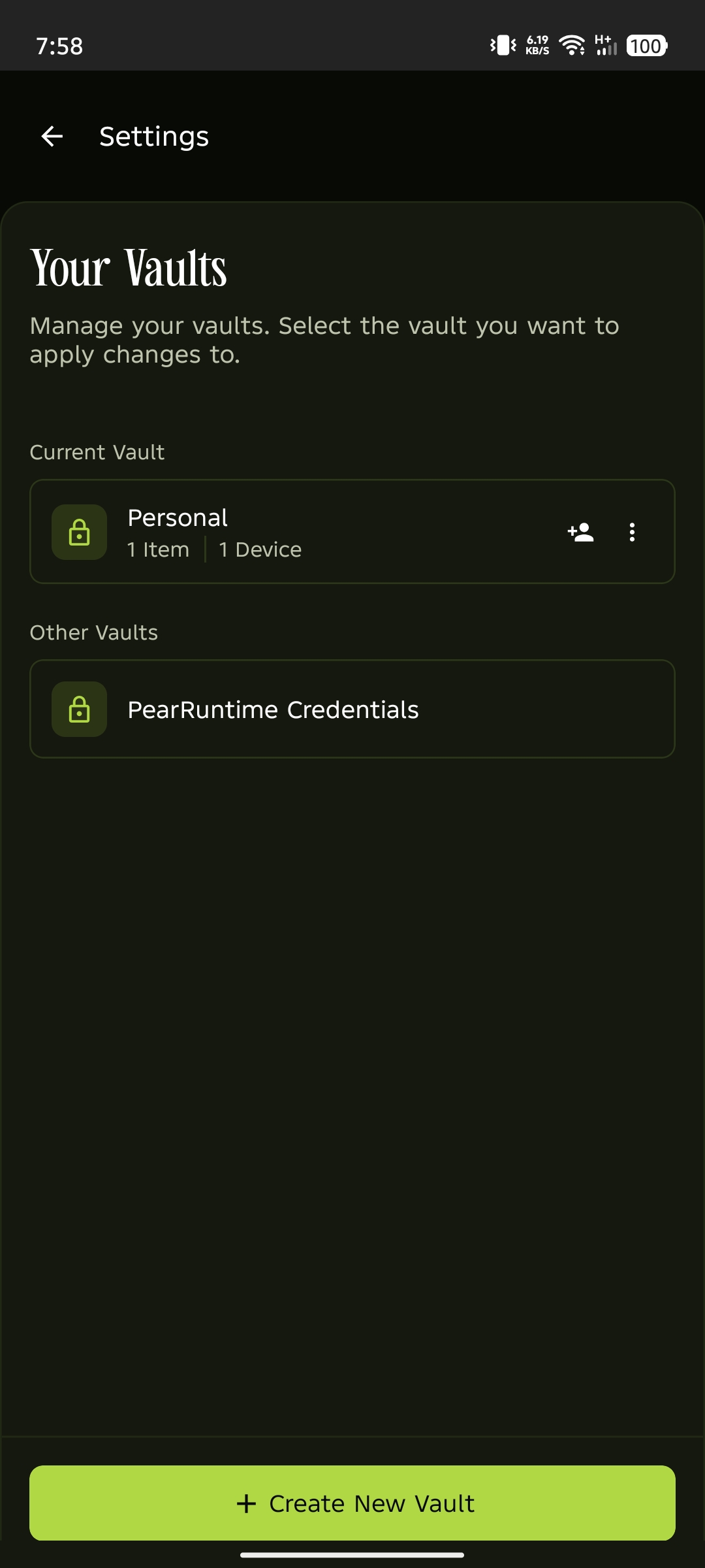 Your Vaults screen with the Create New Vault button