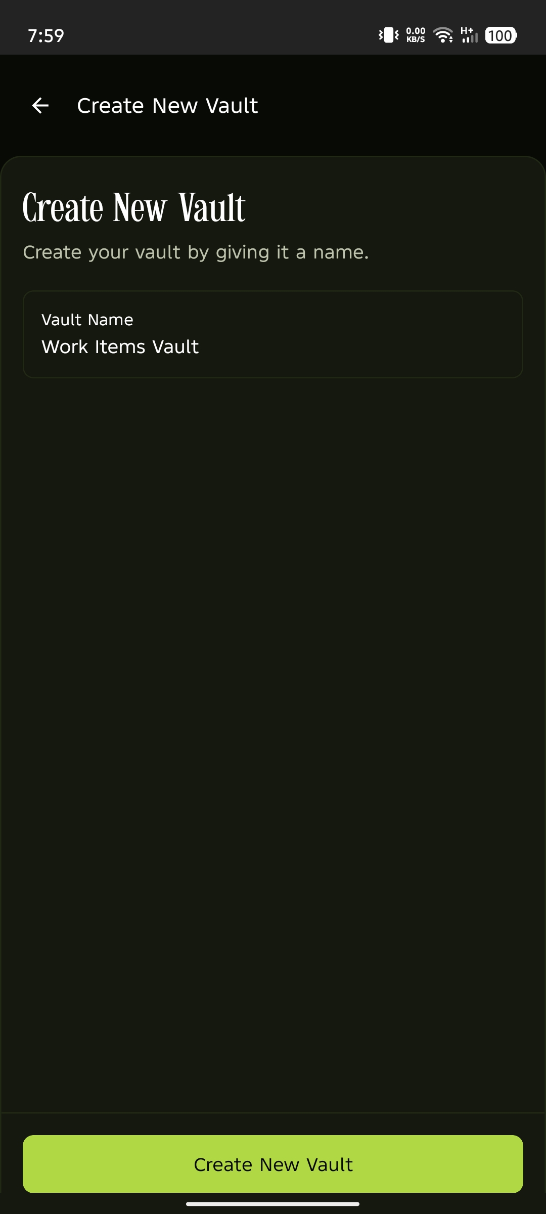 Create New Vault screen with the Vault Name field